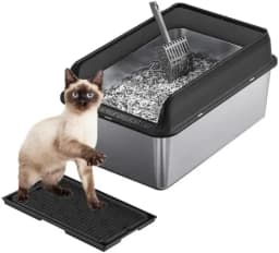 Garvee Stainless Steel Cat Litter Box Leak-proof Semi-enclosed Splash-proof Covered Cat Toilet with Removable Lid for Large Cats for Home High Sided, Top Entry, Anti-Tracking, Step Plate,