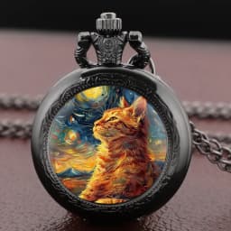 Sleep Cat Watch Black Quartz Pocket Watch Van Gogh's Art Vintage Accessory Women Necklace Pendant Clock Men Gifts for Cat Lover
