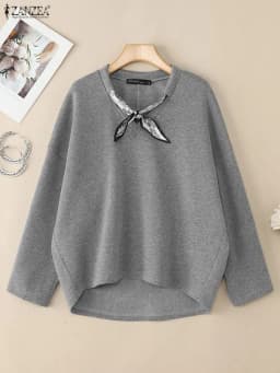 ZANZEA Women's Solid Color High-Low Sweatshirt with Scarf V-Neck Long Sleeve Knitted Pullover Tops Loose Casual Woman Clothing