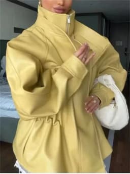 Guobioziy Women's Jacket 2026 Fall New Arrival Yellow Long-Sleeve Stand Collar Loose Faux Leather Jacket Parka Biker Style