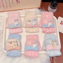 4-7Y Girls Winter 2 in 1 Convertible Flip Gloves Cute 3D Cat Decor Knitted Plush Gloves Kids Paw Print Windproof Thermal Mittens