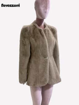 Nerazzurri Autumn Winter Elegant Luxury Chic Short Fitted Faux Fur Blazer Women Single Button Puff Sleeve Fluffy Jacket 2024