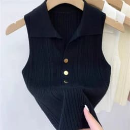 2026 Spring Summer Ice Silk Knit Sleeveless Tops Women's Polo Lapel Tank Tops Slim Versatile Camisole Vest