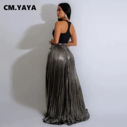 CM.YAYA Women Fashion 2024 Spring High Side Split Big Swing Pleated Floor Length Skirt High Waist Street Party Long Maxi Skirts