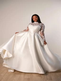 Customized High Neckline Long Sleeves A-Line Satin Wedding Dress Elegant Button Back Floor Length Sweep Train Gown For Bride