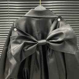 DEAT 2025 Early Autumn New Niche Back Big Bow Design Leather Jacket For Women Loose One Button Black Coat Female 11A06141