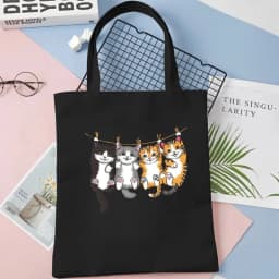 Cartoon Cat Printed Women's Canvas Single Shoulder Handbag Cartoon Animal Commuter Shopping Bag Reusable Handbag