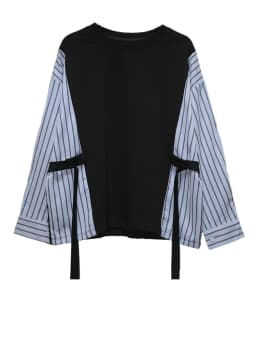 [EAM] White Spliced Striped Ribbon Big Size Sweatshirt New Round Neck Long Sleeve Women Fashion Tide Spring Autumn 2026 1DK0357