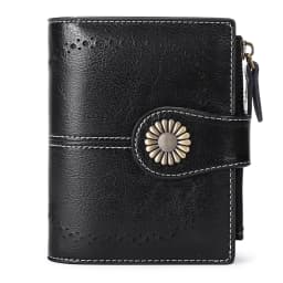 New Women RFID Blocking Genuine Leather Wallet Vintage Sunflower Buckle Short Purse 16 Card Slots ID Window Zipper Female Wallet