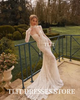 TLIT Luxurious Lace Mermaid Wedding Dresses Customized Long O-Neck فساتين زفاف Long Lace Sleeve Backless Bridal Gowns