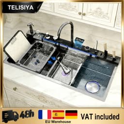 Modern Stainless Steel Kitchen Sink Multifunctional Sinks Waterfall Golden Large Single Slot Digital Display Washing Basin