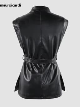 Mauroicardi Spring Short Black Soft Pu Leather Vest Women with Side Slit Sashes Stand Collar Luxury Chic Sleeveless Jacket 2025