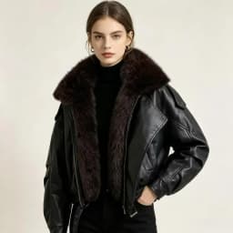 2026 High-quality Leather Jacket New Women's PU Black Leather Coat Winter Fur Collor Short Puffer Parkas Fur Outwear