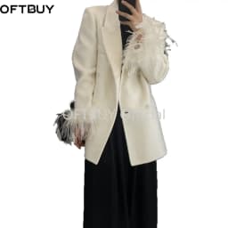 OFTBUY Women's 100% Wool Blazer Feather Cuff Double Breasted Suit Jacket Elegant Winter Warm Coat Casual Office Lady Outerwear