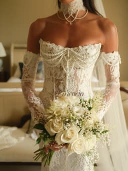 Lorencia Long Sleeves Lace Mermaid Wedding Dresses with Choker Pearls Beading Basque Waist Fitted Bridal Gowns Customized