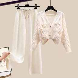 Two Piece Set For Women New In Sweater Matching Sets Korean Sweet Bow Outfit Long Sleeve Cardigan Knitwear Wide Leg Pants Set