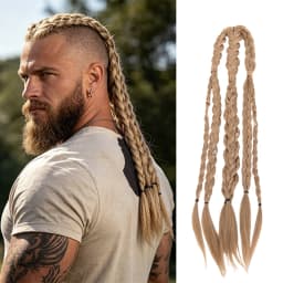 20 Inch Medieval Braided Ponytail Extensions Heat Resistant Synthetic Fiber Clip in Viking Hair for Men Women
