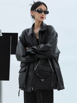 Lautaro Spring Autumn Oversized Casual Waterproof Black Soft Pu Leather Jacket Women with Drop Shoulder Long Sleeve Fashion 2022
