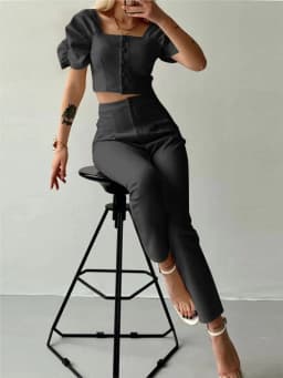 Elegant Women's Office Two Piece Sets Summer Fashion Solid Square Collar Single Breasted Short Sleeve Top & Long Pants Suit