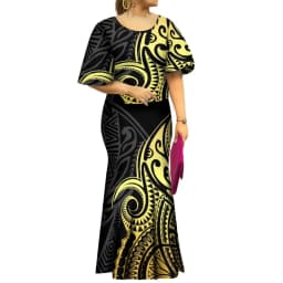 2022 New Samoan Puletasi Set Monstera Leaf Print Bat Sleeve Ptaha Blue Polynesian Top Maxi Fishtail Skirt Womens 2 Piece Set