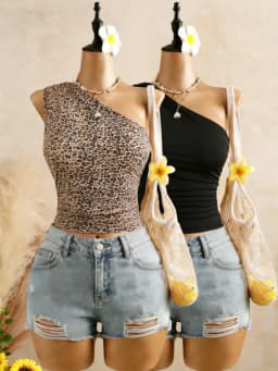 Women 2 Pack One Shoulder Ruched Crop Top Set Casual Sleeveless Leopard Print & Solid Crop Top Set