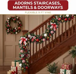 Garvee 6/9ft Christmas Garland Wreath Artificial Pine with Pinecones and Berries Xmas Tree Hanging Ornaments for Home Outdoor Yard Party Door Fireplace Stair Decoration