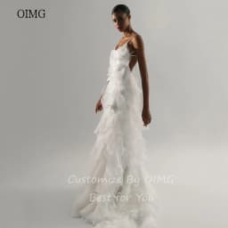 OIMG Spaghetti Strap A-line Wedding Dress Modern Backless Bride Dresses Multilayer Floor Length Wedding Gowns Customized