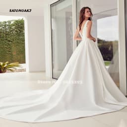 Customized Simple Satin V-neck Wedding Dress for Bride Backless A-line Princess Bridal Gown with Pockets Robe Vestidos De Novia