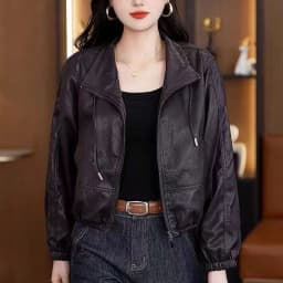 Chic Black Women Faux Leather Jacket Zip Up Lapel Collar Drawstring Hem Loose Oversized Pockets Streetwear Moto Outerwear Top