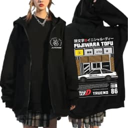 Anime Initial D Drift AE86 Zipper Hoodie Casual Vintage Zip Up Hooded Sweatshirts JDM Car Oversized Hoodies Cardigan Jacket Coat