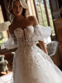 Customized Puff Sleeve Lace Wedding Dress A Line Floral Embroidery Tulle Bridal Dress For Sophisticated Bridal Ceremonies