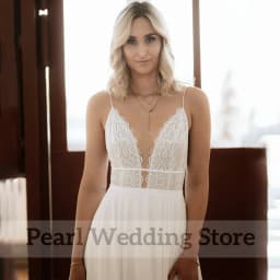 Romantic Boho Lace Chiffon Wedding Dress Classic Spaghetti Straps Sleeveless A-Line V-Neck Open Back Bride Seaside Marriage Gown