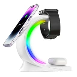 15W Fast Wireless Charger 3-in-1 Magnetic Stand 6-Color RGB Light Multi-Device Charging Station for Apple Devices iPhone AirPods Apple Watch Home Office Desk Bedside Table Organizer Gift Box Packing Travel Foldable