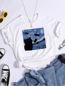 Vincent Van Gogh Starry Night Cute Cat In Painting Print Women's t-Shirt Hip Hop Soft Tops Loose Tshirt Summer Women's Tshirts
