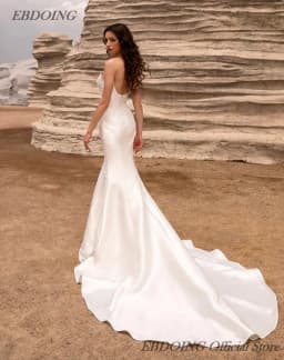 EBDOING Wedding Dress Mermaid Satin 2 in 1 Boat Neck Sleeveless WIth Big Bow Detachable Train Customized Bride Gowns
