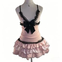 Lace Yarn Pattern Sexy Slim Pink Dress Mini Skirt Tie Rope Halter Bow Lace Decoration Sexy Slim Retro Fashion Aesthetic