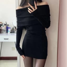 Off Shoulder Slim Waist Tunic Solid Dresses Slash Neck Long Sleeve Fashion Y2k Aesthetic Vestidos Women Sweet Elegant Chic Dress