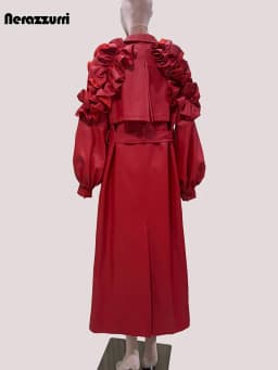 Mauroicardi Autumn Extra Long Red Soft Pu Leather Coat Women Ruffled Lantern Sleeve Back Slit Elegant Luxury Designer Clothes
