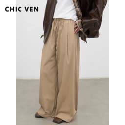 CHIC VEN New Women Pants Solid Loose Casual Retro Elastic Waist Drawstring Pleated Female Texture Trousers Spring Autumn 2026