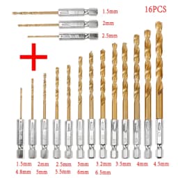 13/16Pcs HSS High Speed Steel Titanium Coated Drill Bit Set 1/4 Hex Shank 1.5mm-6.5mm Hexagonal Handle Twist Drill