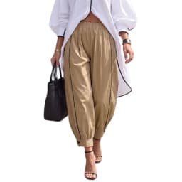 Yeezzi Women's Elastic High Waist Harem Pants Contrast Black Piping Pockets Button Cuff Loose Casual Tapered Cropped Trouser