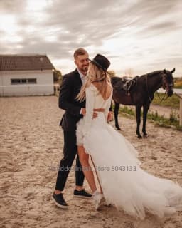 Customized  Two-Piece Bohemian Jersey Wedding Dress Long Sleeves Dropped Waistline Ruffled Tulle Exquisite Casual Bridal Dress