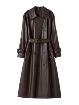 Lautaro Spring Autumn Long Loose Brown Pu Leather Trench Coat for Women Belt Double Breasted American and European Fashion 2023