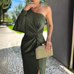 Women's Sexy Draped Patchwork Long Sleeve Party Dress Spring Summer New Skew Collar Fashion Maxi Dress One Shoulder Ladies Dress