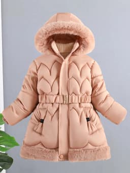 2024 New Winter Keep Warm Girls Jacket Waist Belt Design Detachable Hat Lining Plush Hooded Heavy Coat For Kids