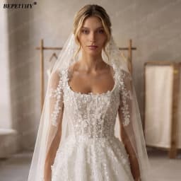 BEPEITHY Customized Square A Line Glitter Wedding Dresses For Women 2026 Summer Lace Bride Ivory Bridal Gown Boho Plus Size