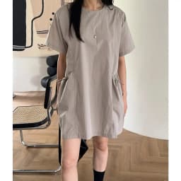 Loose Women's Summer New Style Retro round Neck Drawstring Pocket Dress Chic Short Sleeve Black Dress Polyester Fiber 100%