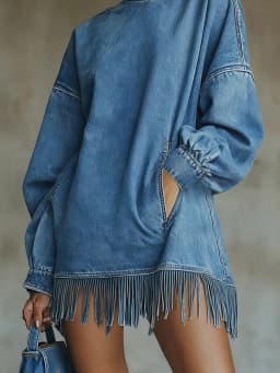 Denim Vintage Dresses Women Half High Collar Solid Color Tassel Hem Dress Fashion Long Sleeve Pocket Loose Sweatshirt Dress