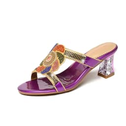 Summer New Comfort Non-slip High Heel Genuine Leather Crystal Inlaid Diamond Women's Beach Fashion Versatile Bohemian Shoes
