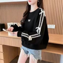 Fall New Design Lace Splicing  Knot Embroidered Sweatshirt Korean Style Fashionable Top Women's Loose Fit Pullover